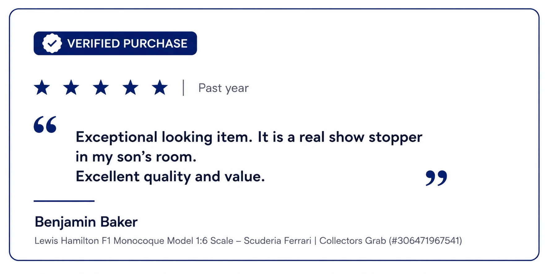 Verified purchase, five stars. Benjamin Baker on the Lewis Hamilton F1 Monocoque Model 1:6 scale, Scuderia Ferrari: exceptional looking item. It is a real show stopper in my son's room. Excellent quality and value.